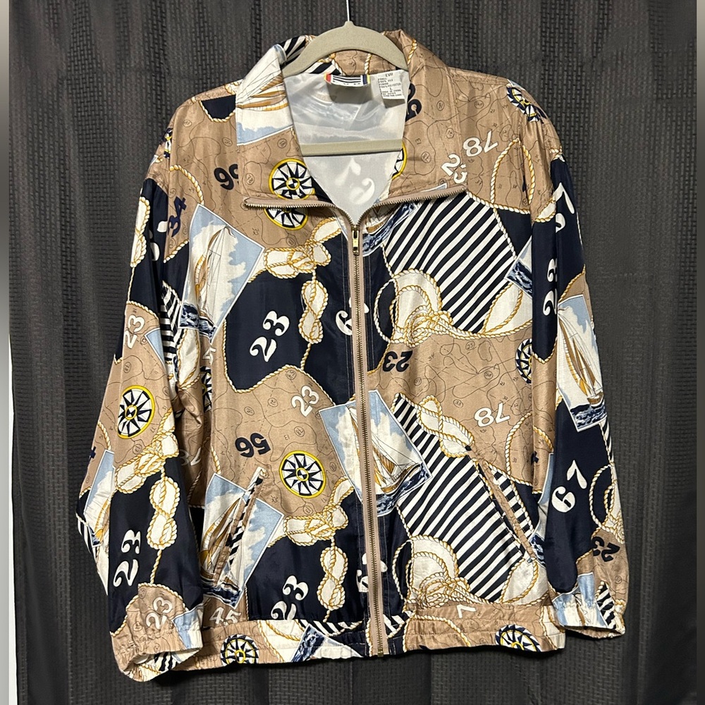 Vintage 80s EVR 100% Silk Nautical Sailing Bomber Print Jacket Womens Sz Large